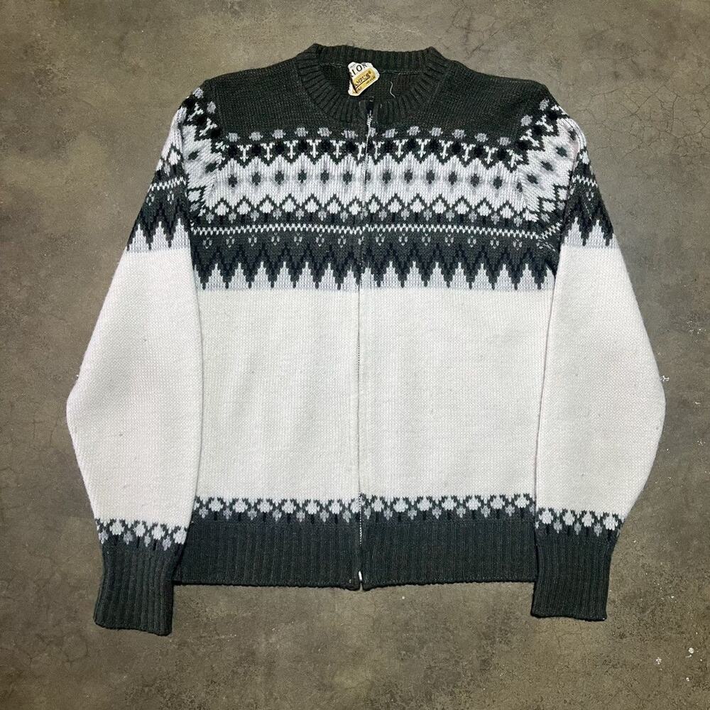Vintage 60s Campus Green Fair Isle Zip Up Cardigan